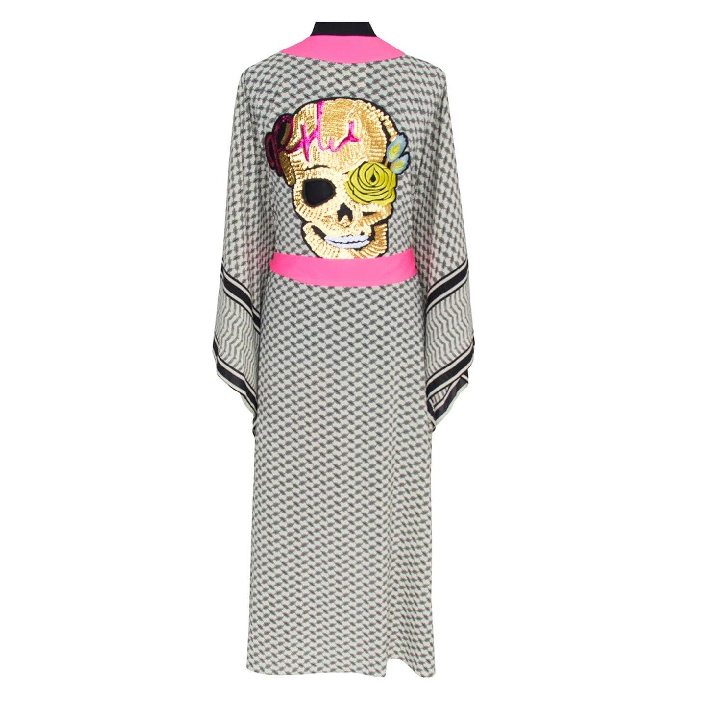 Desert Tribe Long Kimono Skull Neon Pink