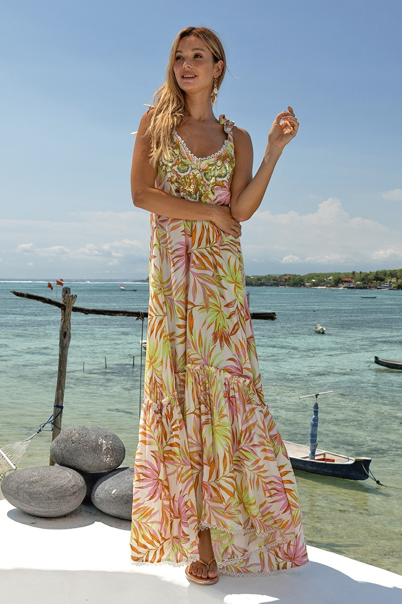 Woman wearing Miss June Full Length Summer Halter Dress