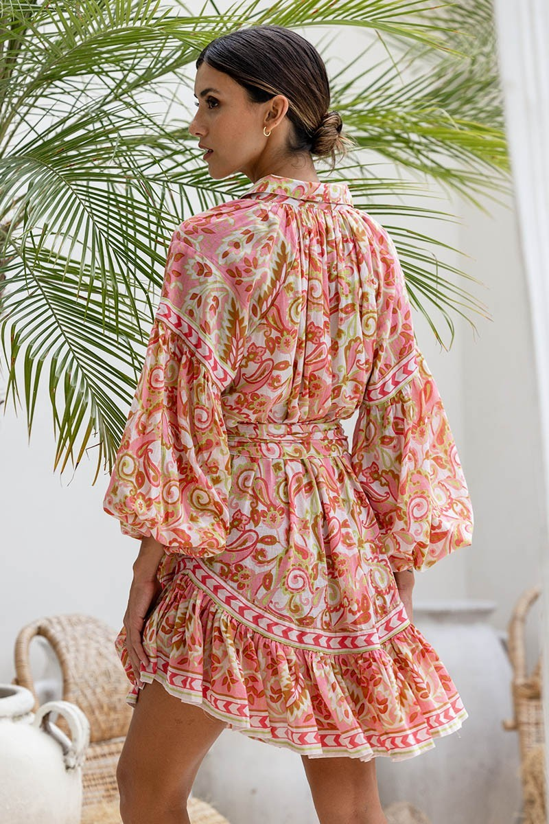 back view of the Elsa Dress Pink's 3/4 bell sleeves