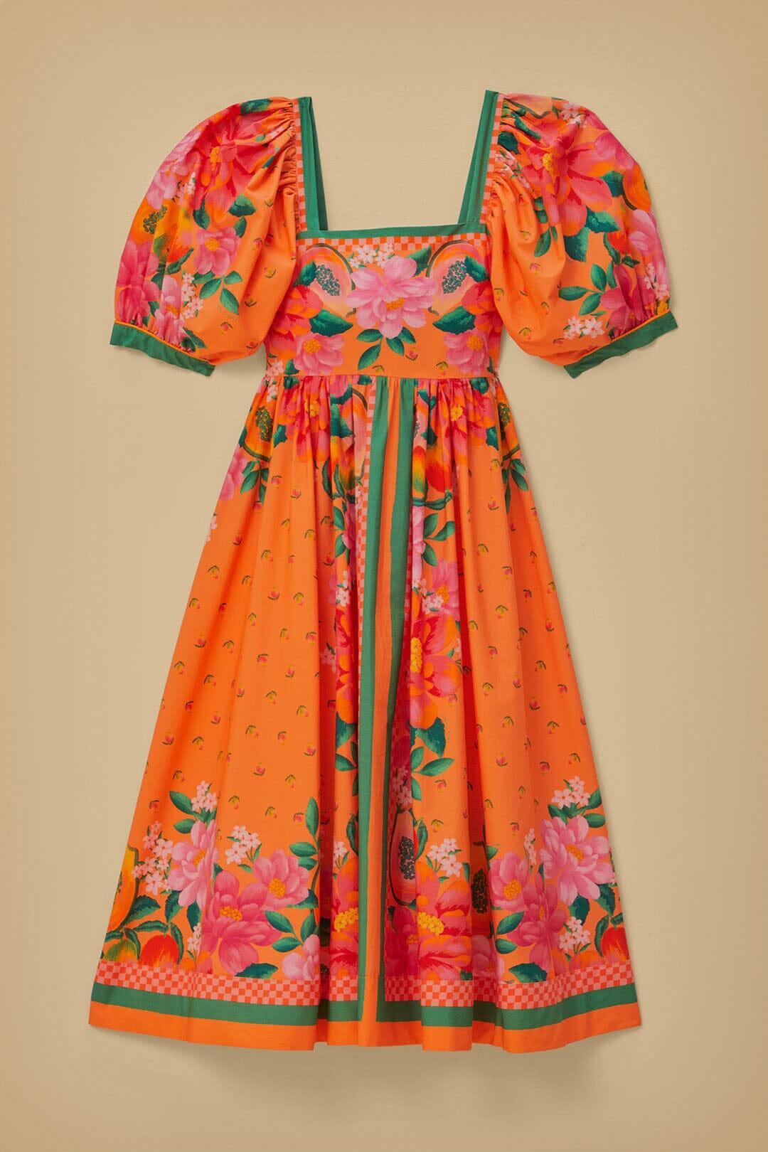 Fruit Garden Scarf Orange Midi Dress