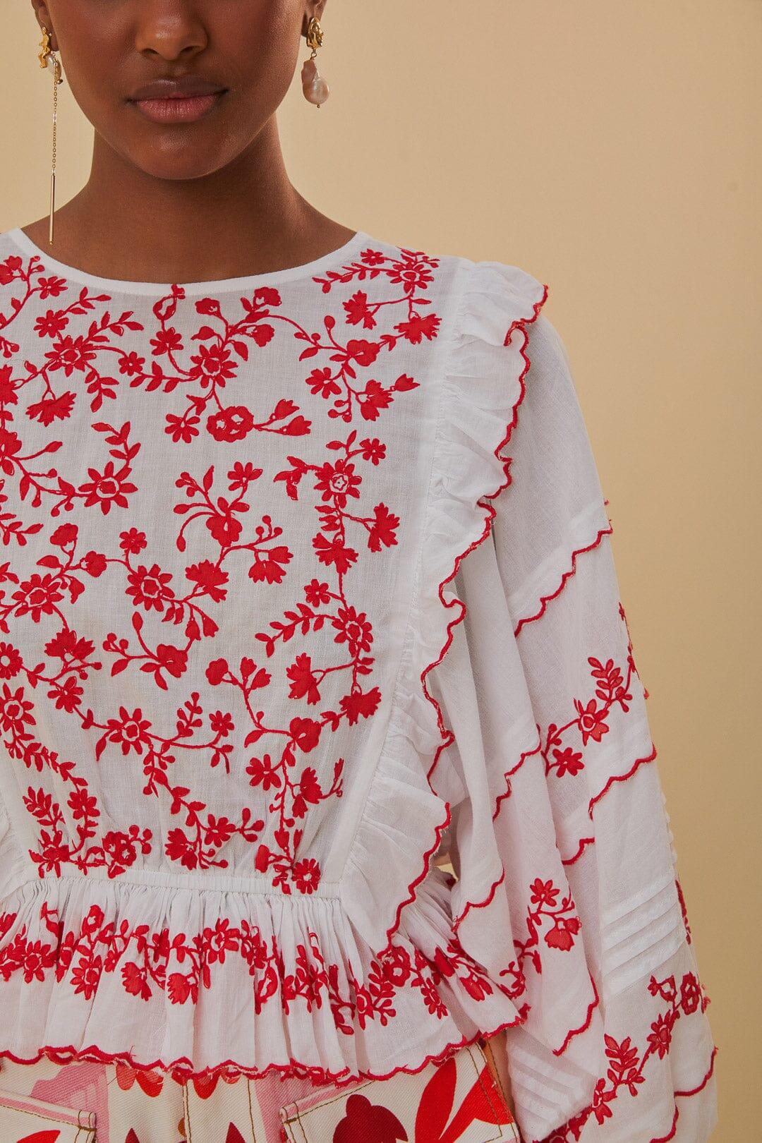 Off White With Red Embroidery Long Sleeve Blouse - Top