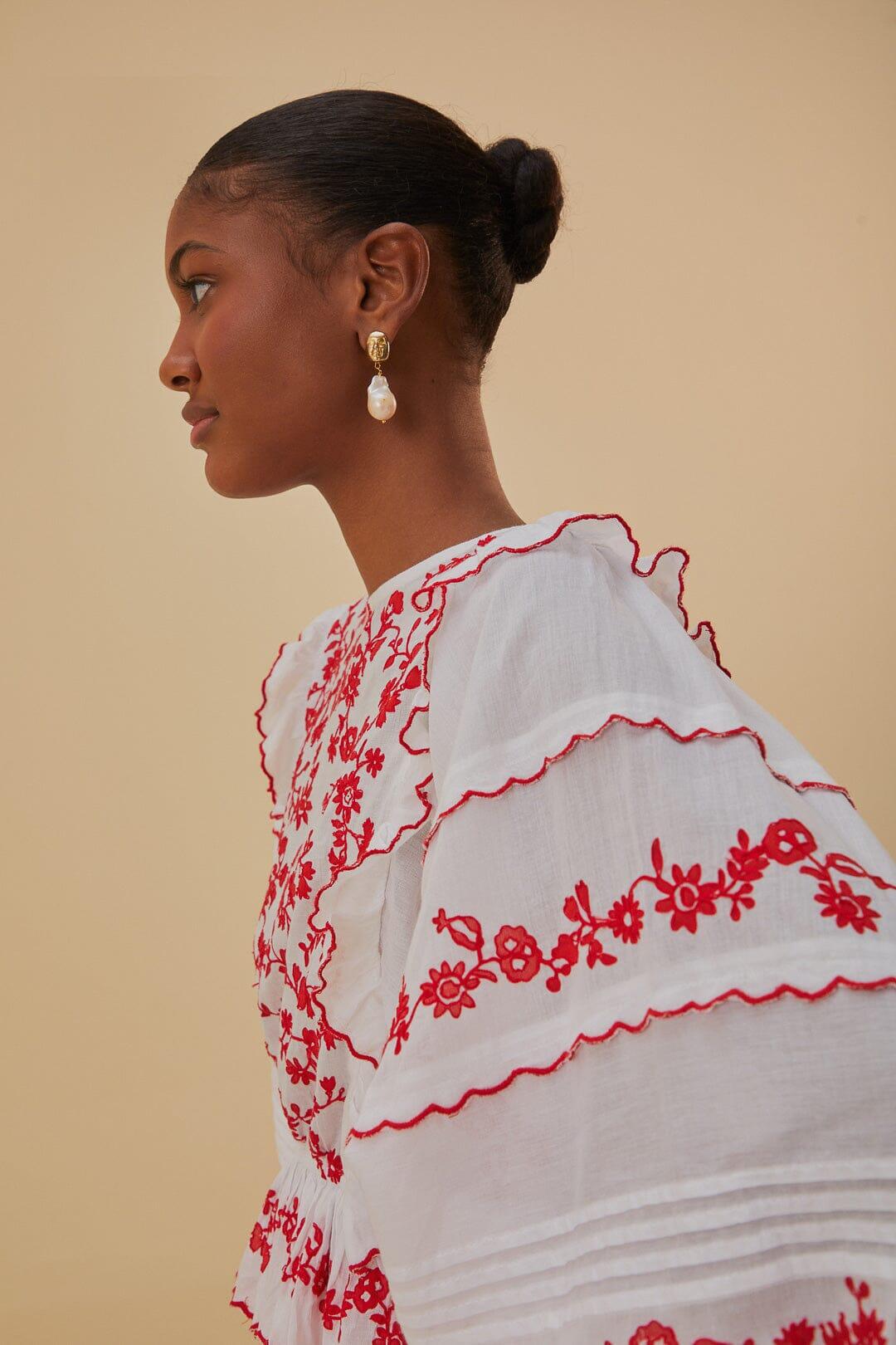 Off White With Red Embroidery Long Sleeve Blouse - Top