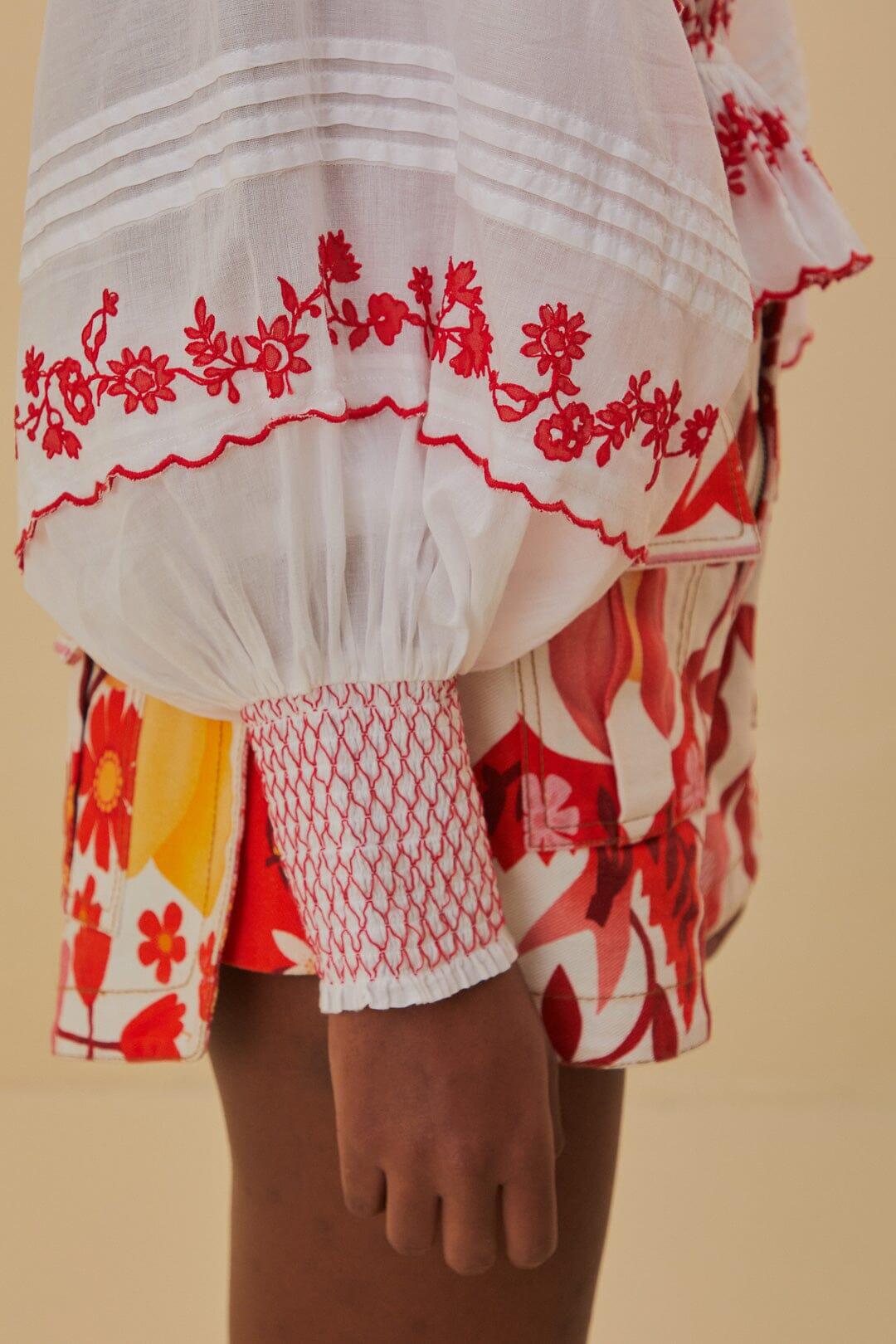 Off White With Red Embroidery Long Sleeve Blouse - Top