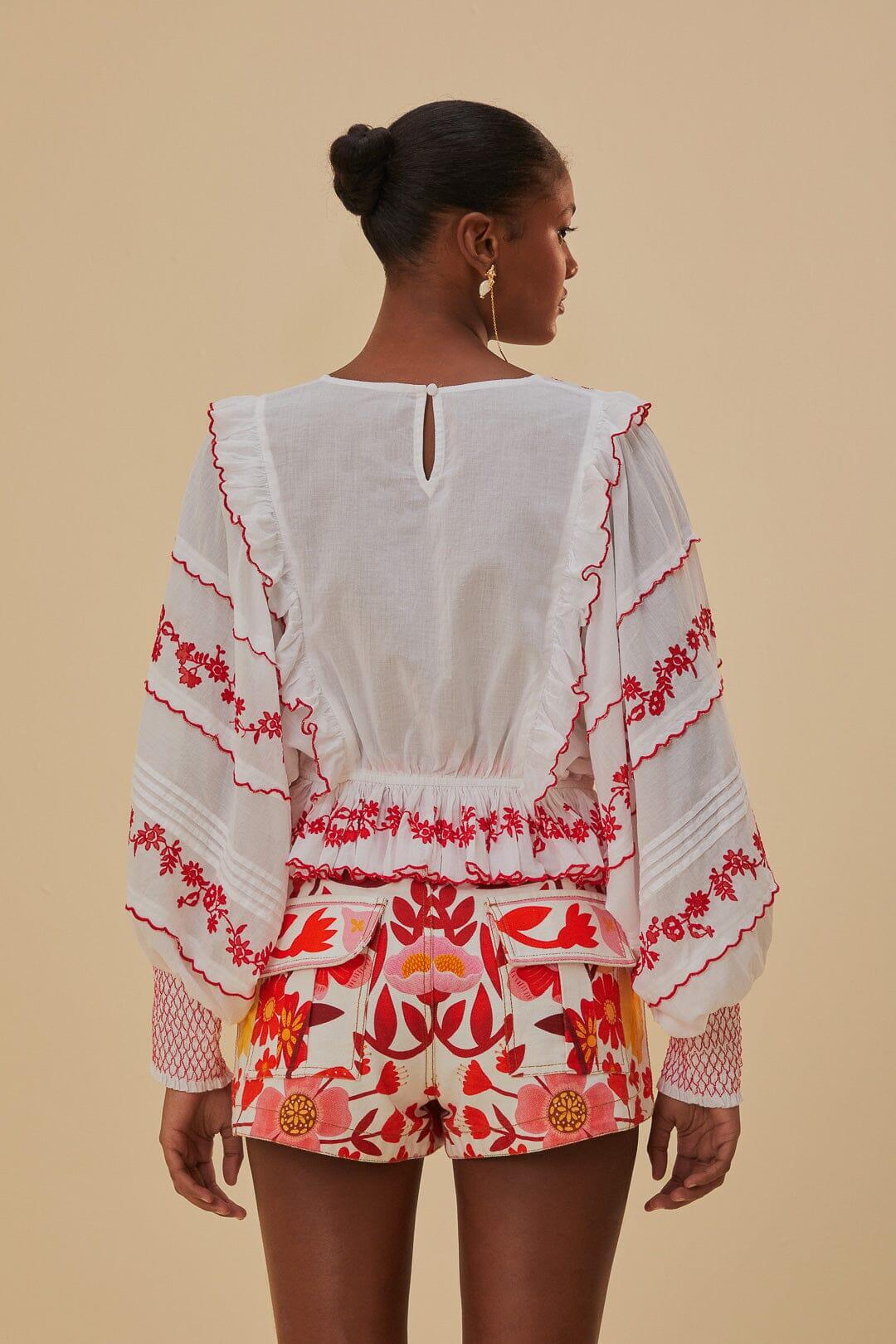 Off White With Red Embroidery Long Sleeve Blouse - Top