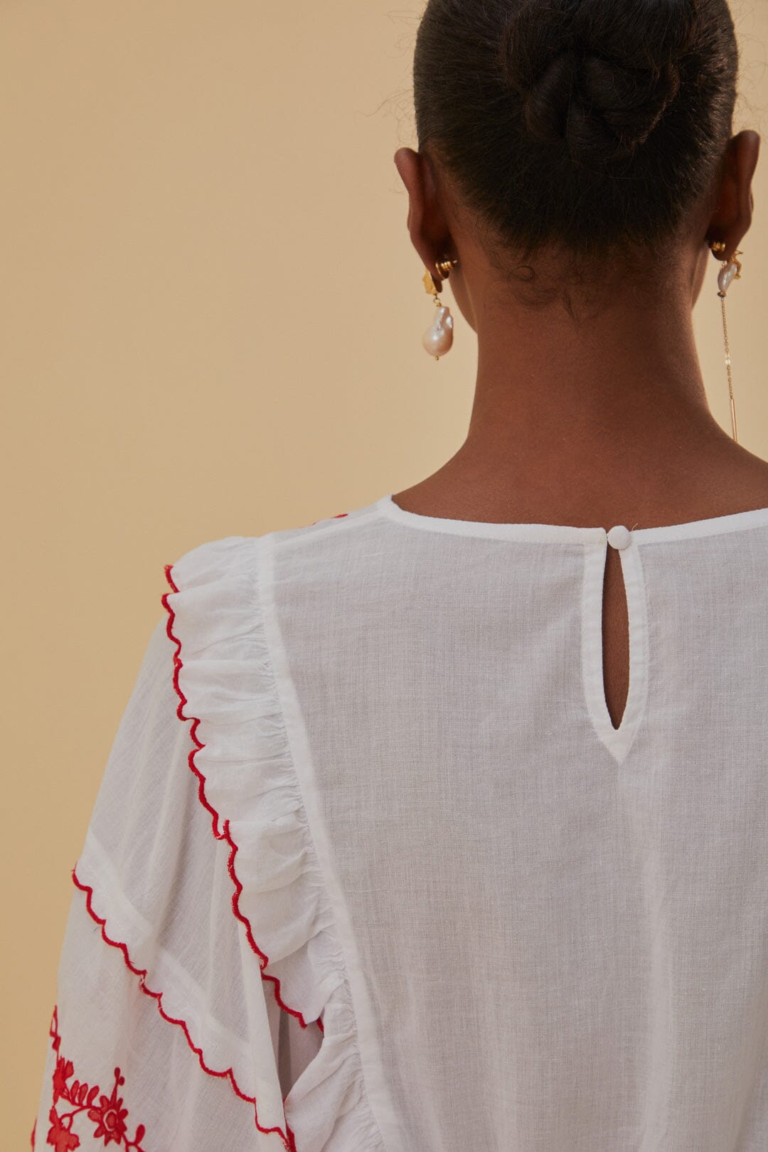 Off White With Red Embroidery Long Sleeve Blouse - Top
