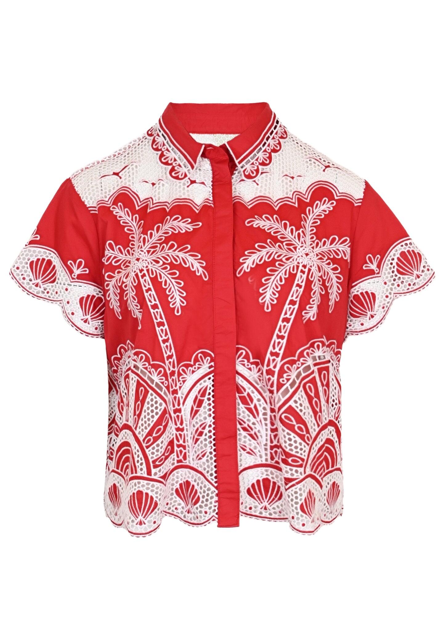 Red Palm Trees Embroidered Shirt