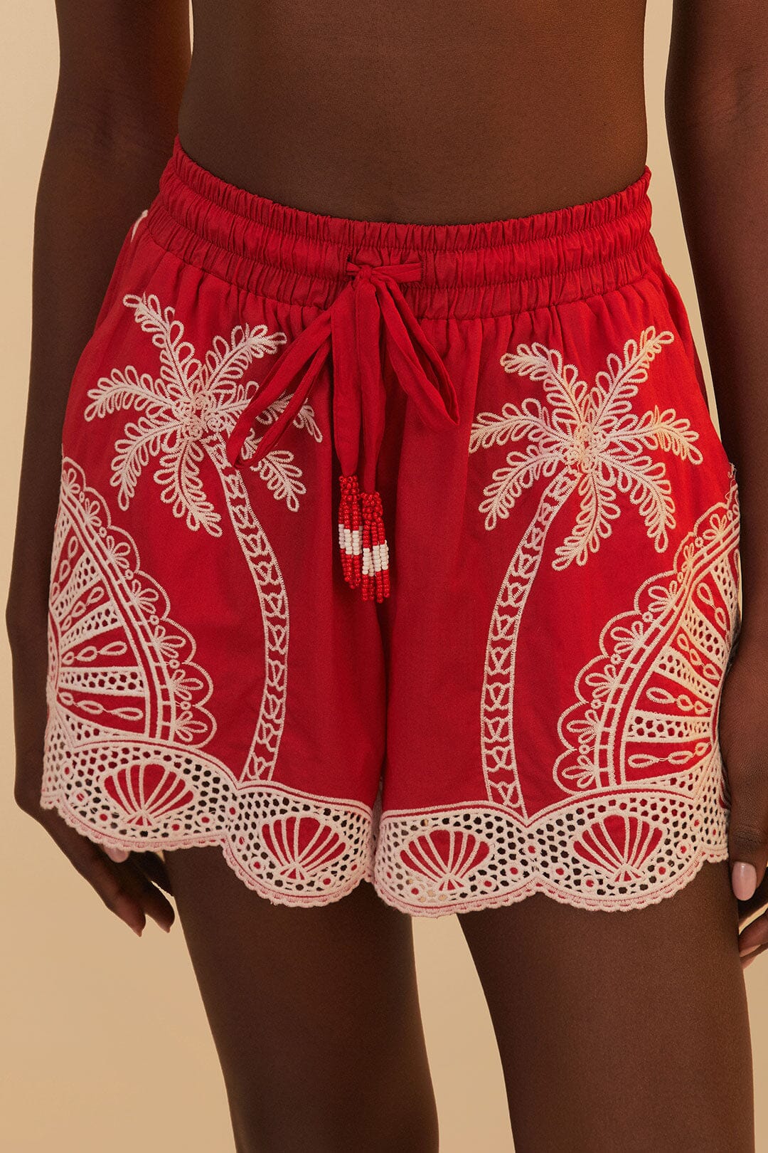 Red Palm Trees Embroidered Shorts