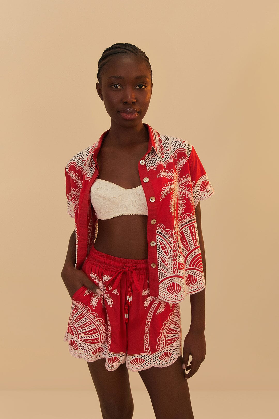 Red Palm Trees Embroidered Shorts