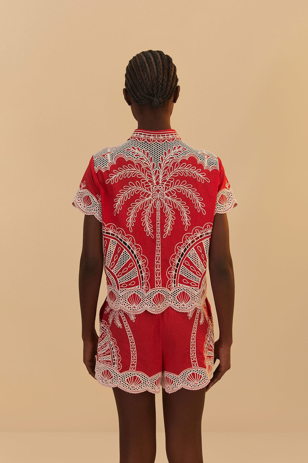 Red Palm Trees Embroidered Shorts