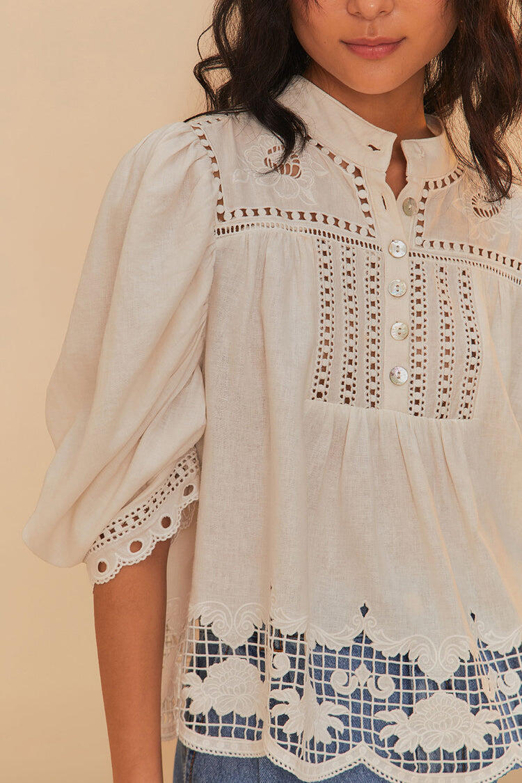 Romantic Richelieu Short Sleeve Blouse Off-White