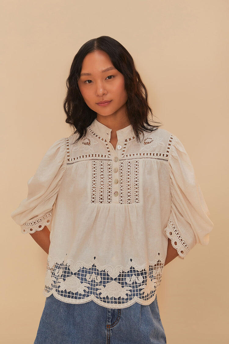 Romantic Richelieu Short Sleeve Blouse Off-White