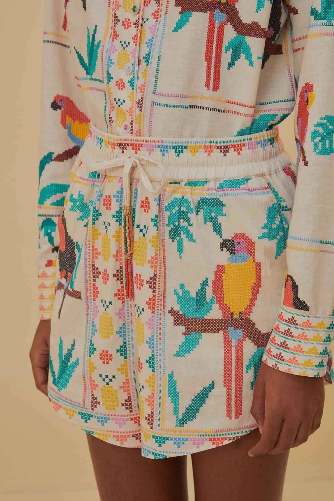 Stitched Birds Scarf Off White Short - Shorts