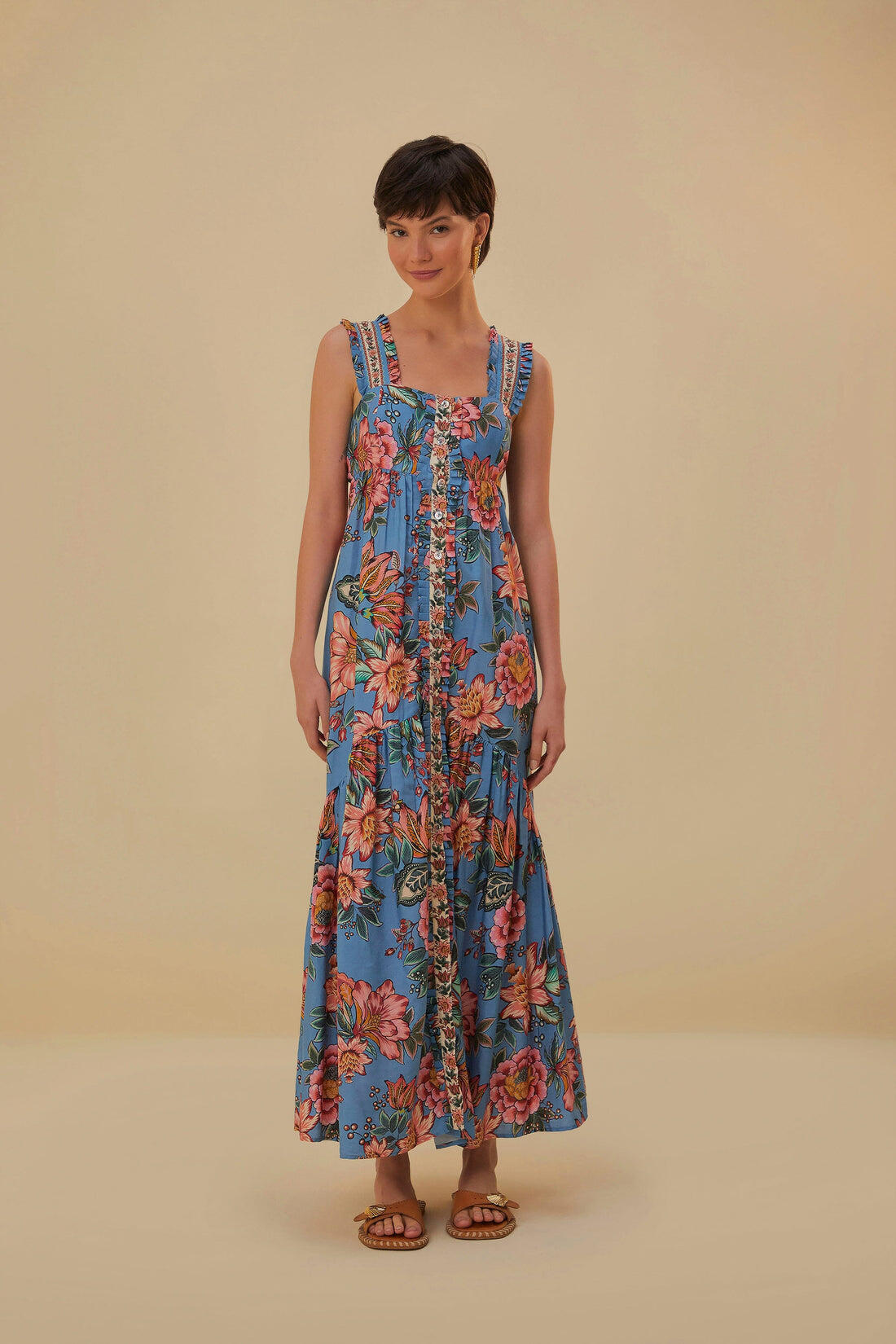 Wonderful Bouquet Blue Sleeveless Maxi Dress