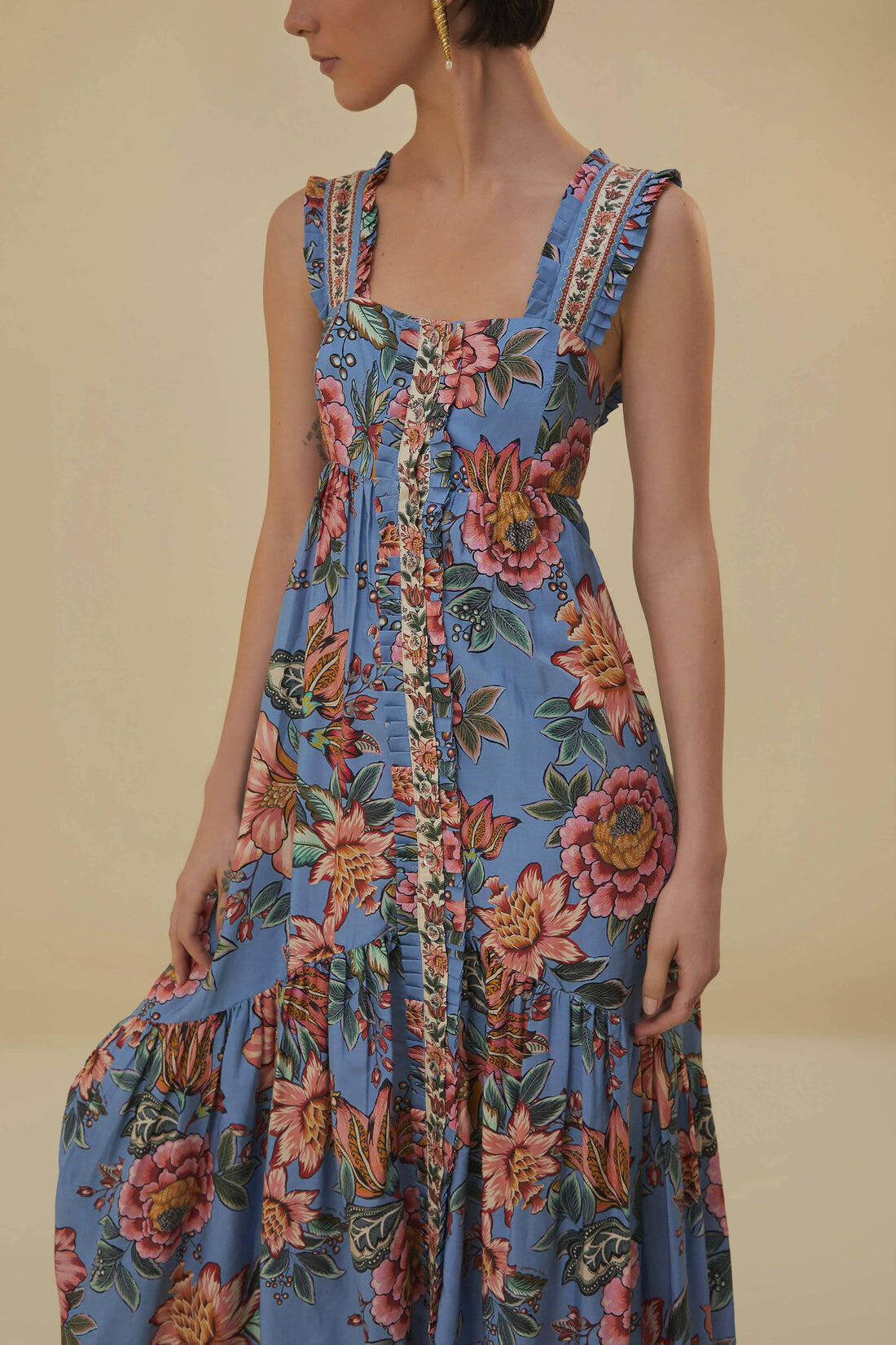 Wonderful Bouquet Blue Sleeveless Maxi Dress