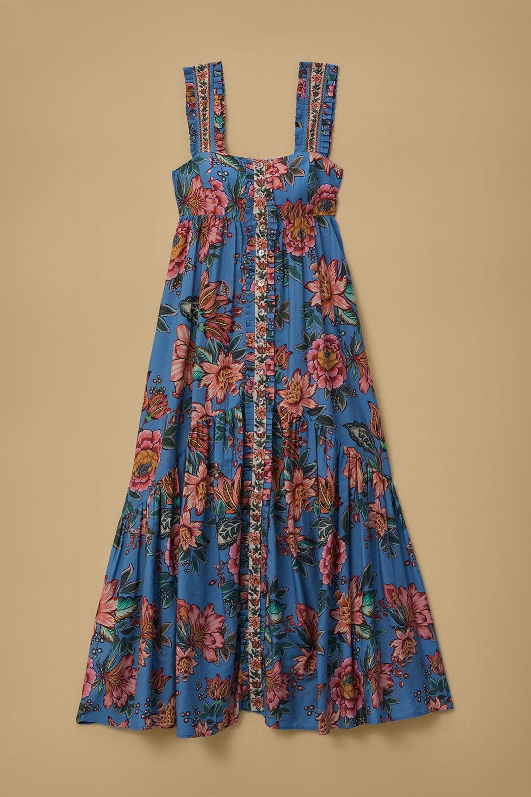 Wonderful Bouquet Blue Sleeveless Maxi Dress