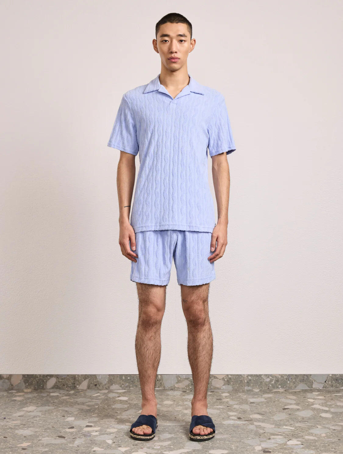 Faustino Jacquard Terry Cotton Polo Short Sleeve Chambray Blue - Top