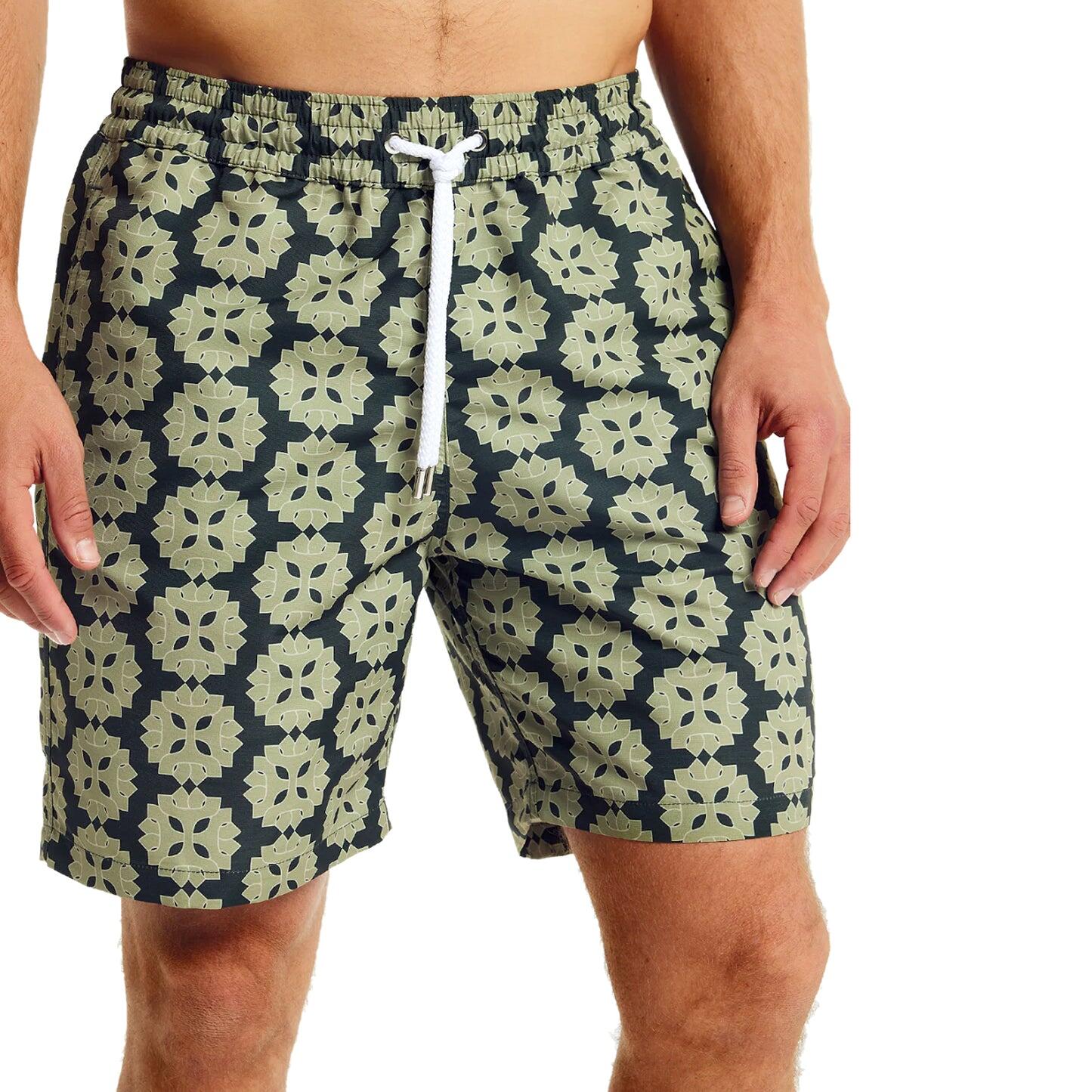 Men’s Swim Board Shorts with Medalhao Print - Jungle Green & Botanical Green