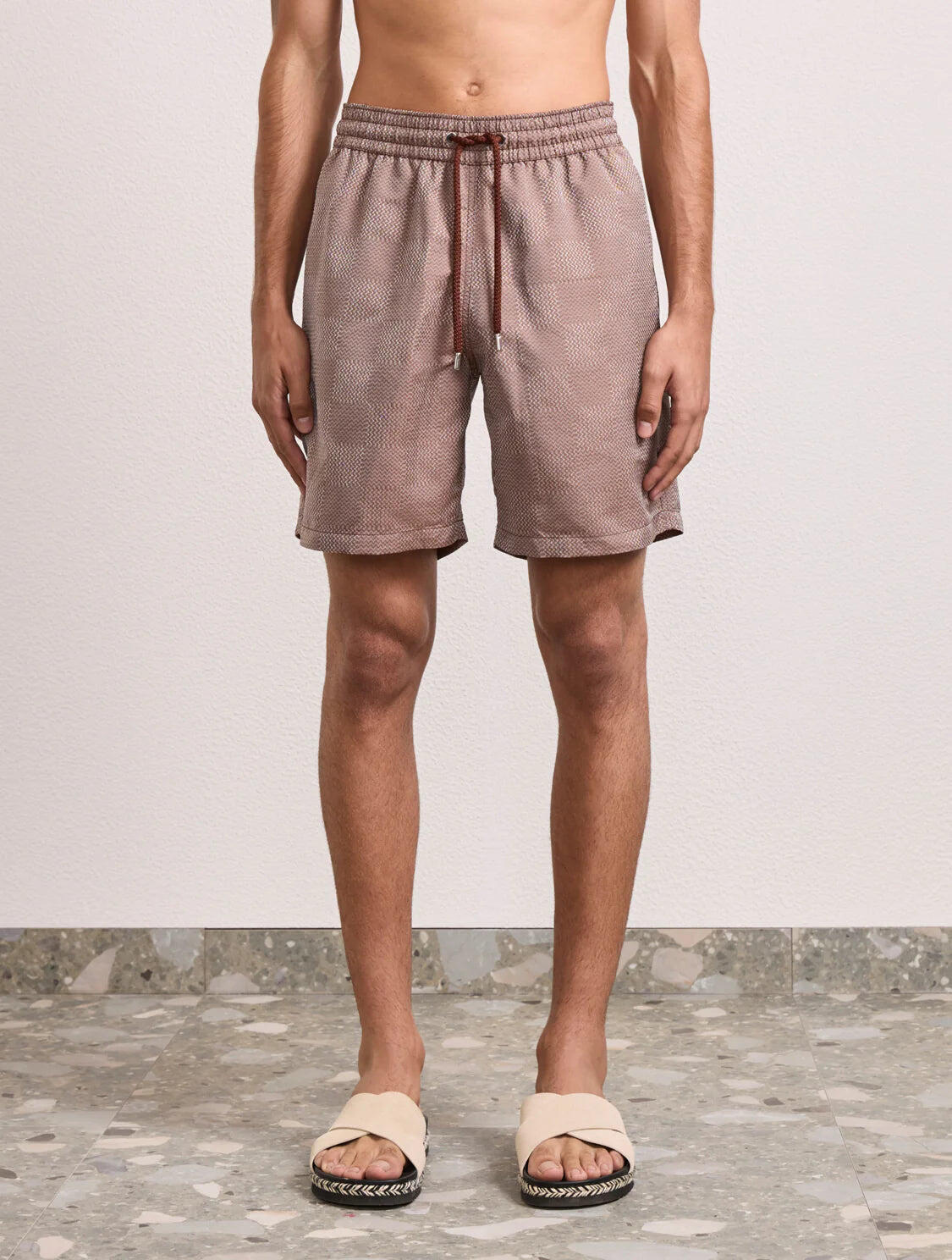 Santos Copa Check Print Jacquard Swimshorts Brown - Swim Shorts
