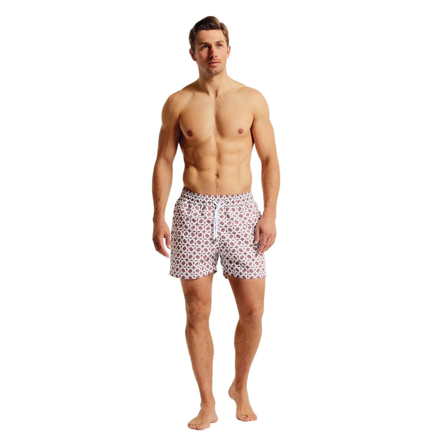 Men’s Swim Sport Shorts with Ipanema Weave Print - Mauve & Silver White - Swim Shorts