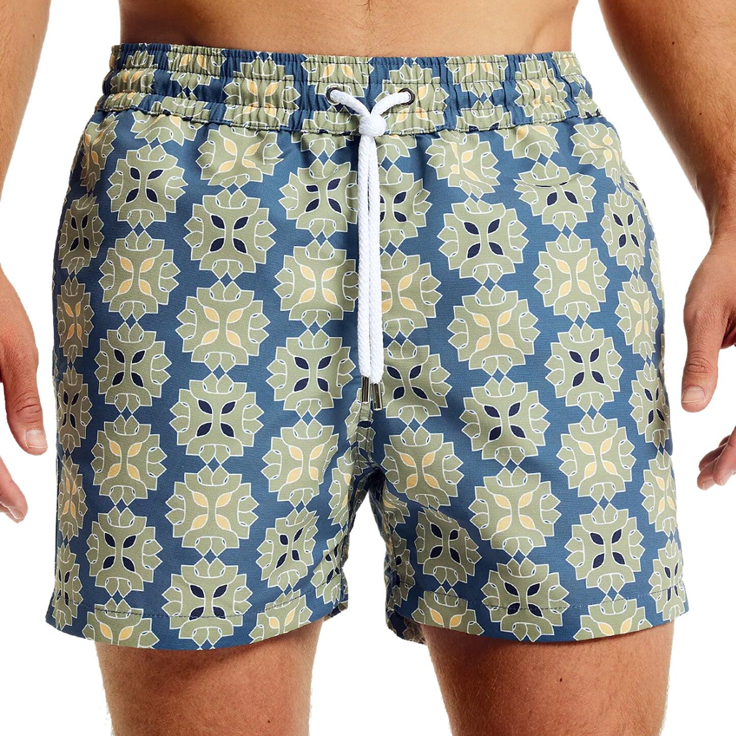 Men’s Sport Swim Shorts with Medalhao Print - Summer Night & Jungle Green - Swim Shorts