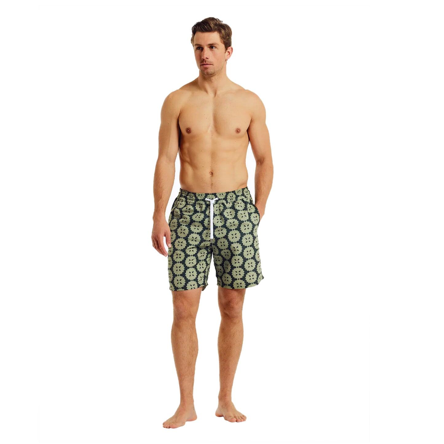 Men’s Swim Board Shorts with Medalhao Print - Jungle Green & Botanical Green - Swim Shorts