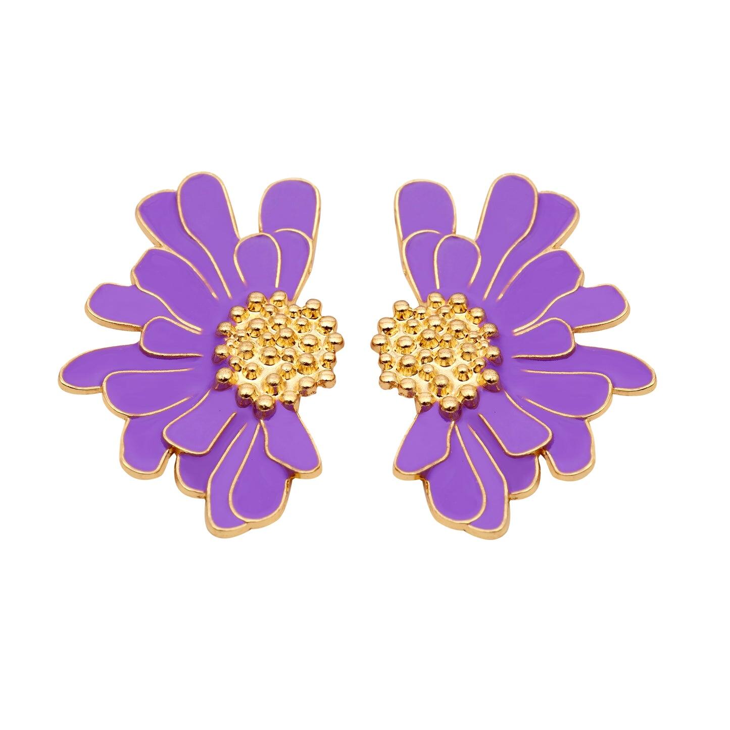 Boho Flower Stud Earrings Metal Purple