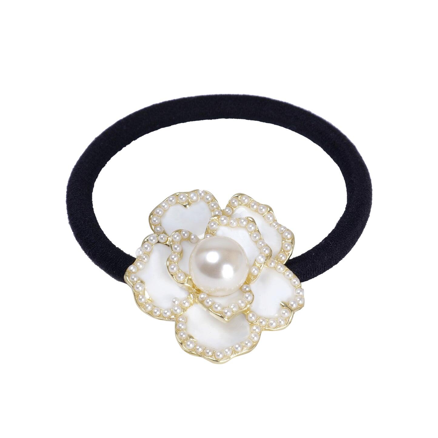 Korean Fashion Elastic Black Hair Tie- White Flower