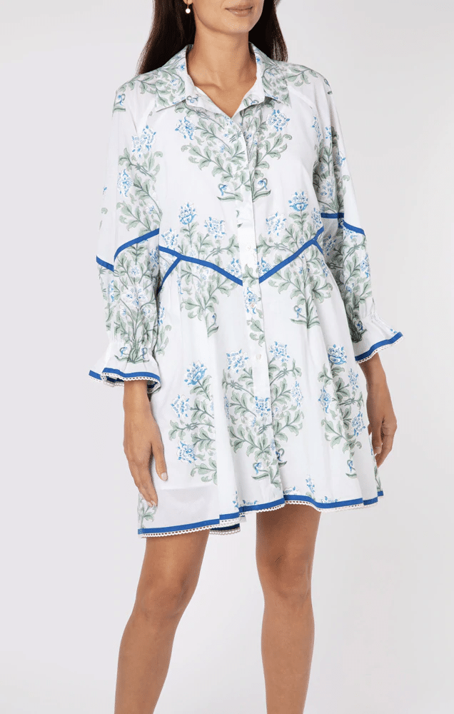 Raglan Shirt Dress In Japanese Flower Print-Slip White/Blue/Sage - Dress