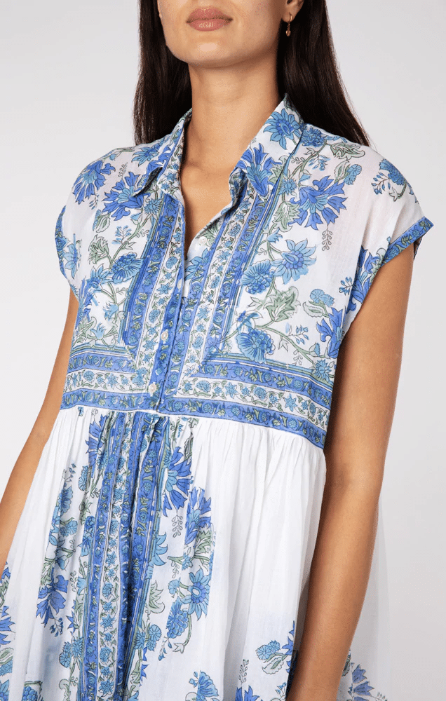 Poncho Shirt Dress Rose Border Block Print With Slip White/Klein Blue