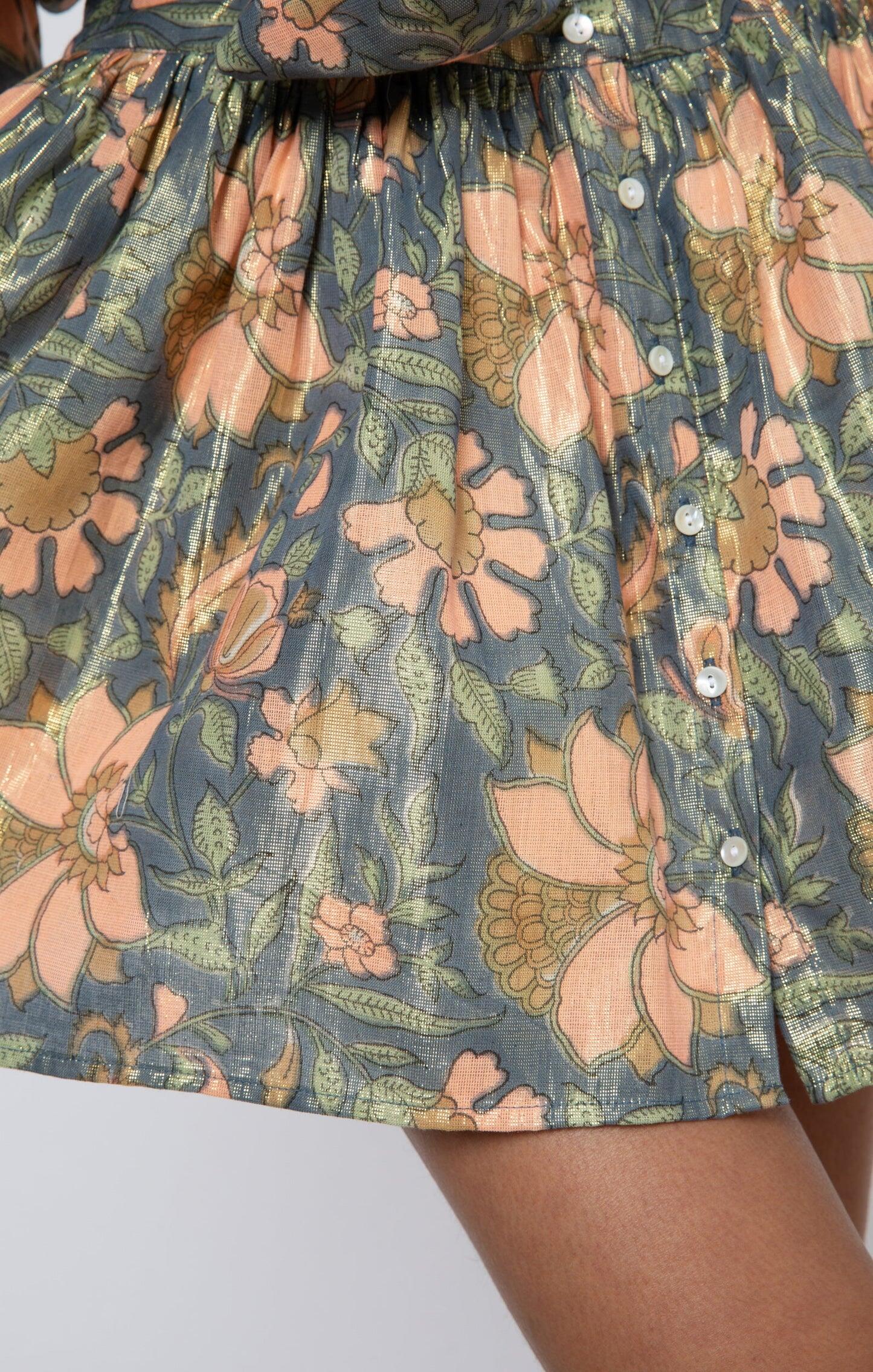 Lamé Blouson Dress With Floral Block Print - Dress