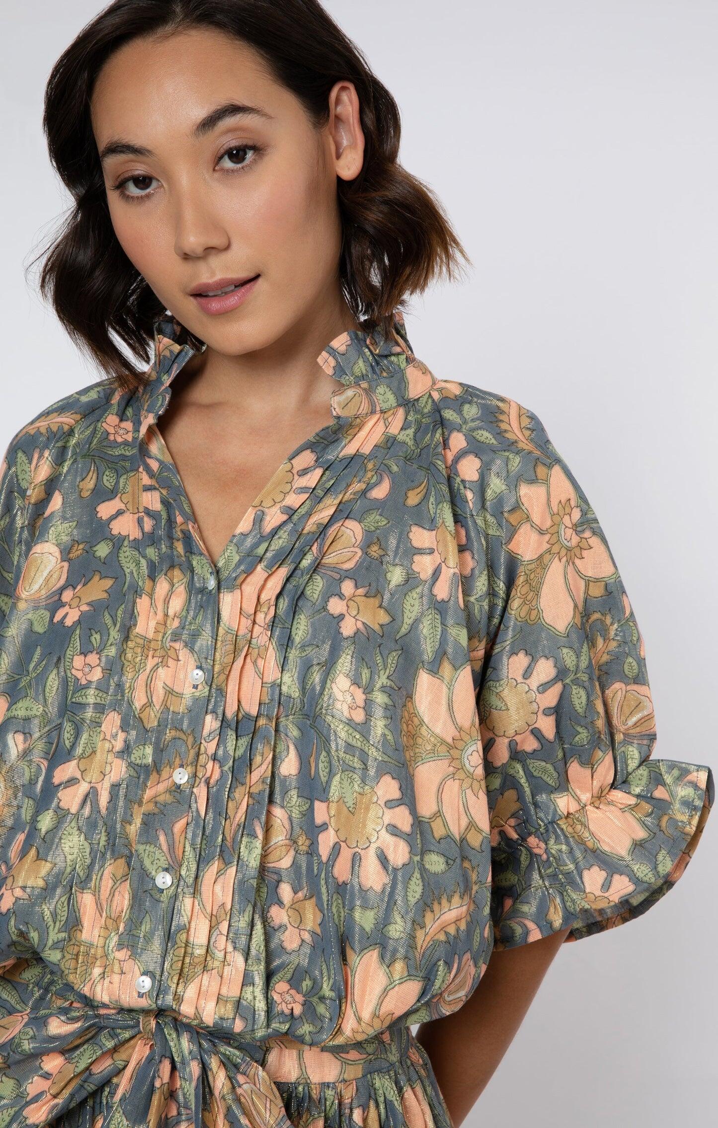 Lamé Blouson Dress With Floral Block Print - Dress