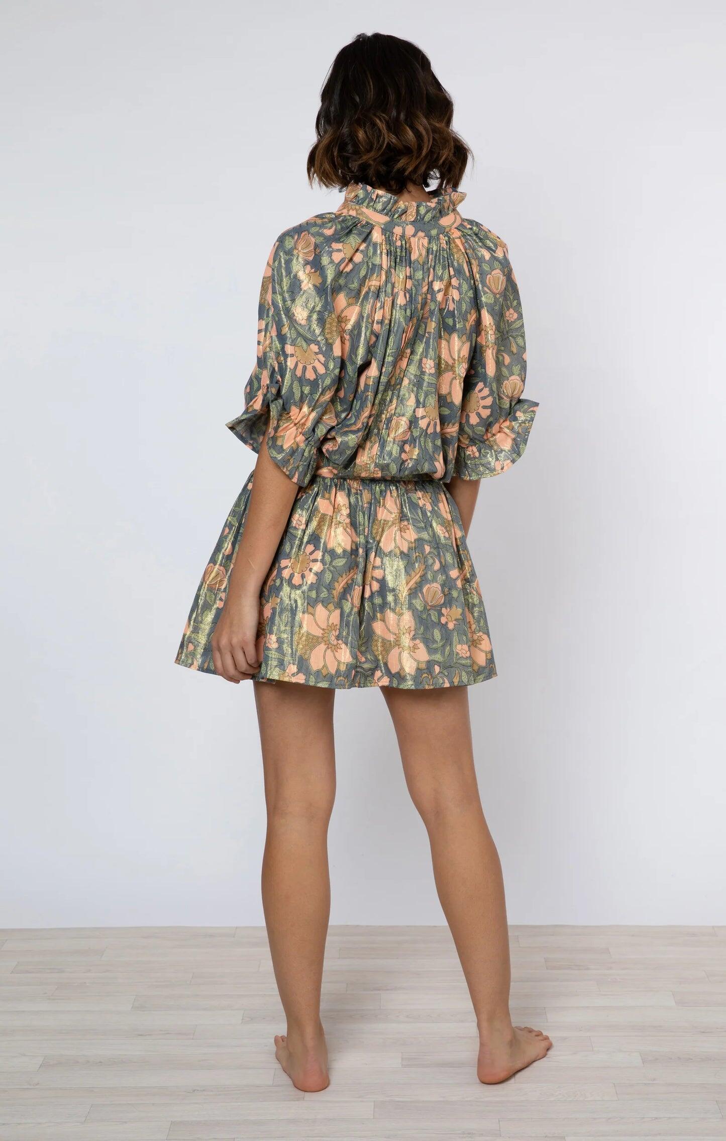 Lamé Blouson Dress With Floral Block Print - Dress
