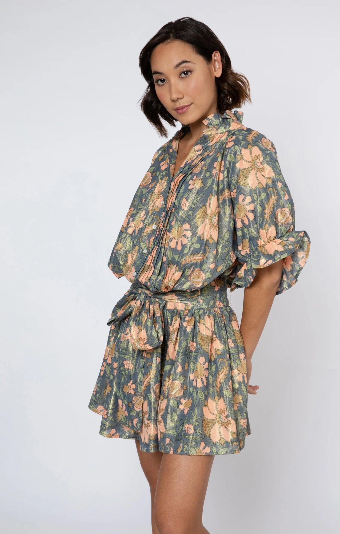 Lamé Blouson Dress With Floral Block Print - Dress