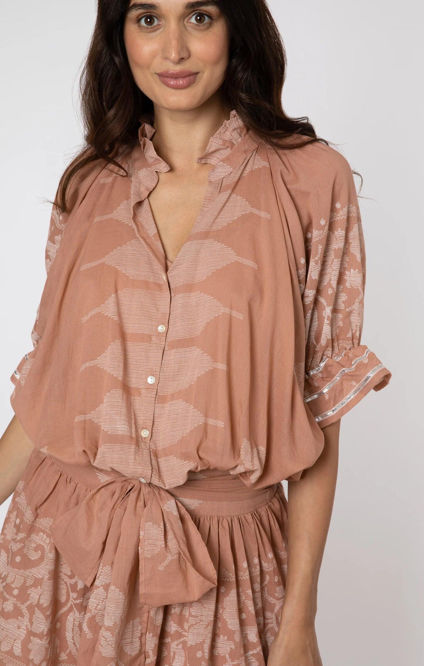 Blouson Dress With Dhaka Print & Silver Trim With Slip - Dress