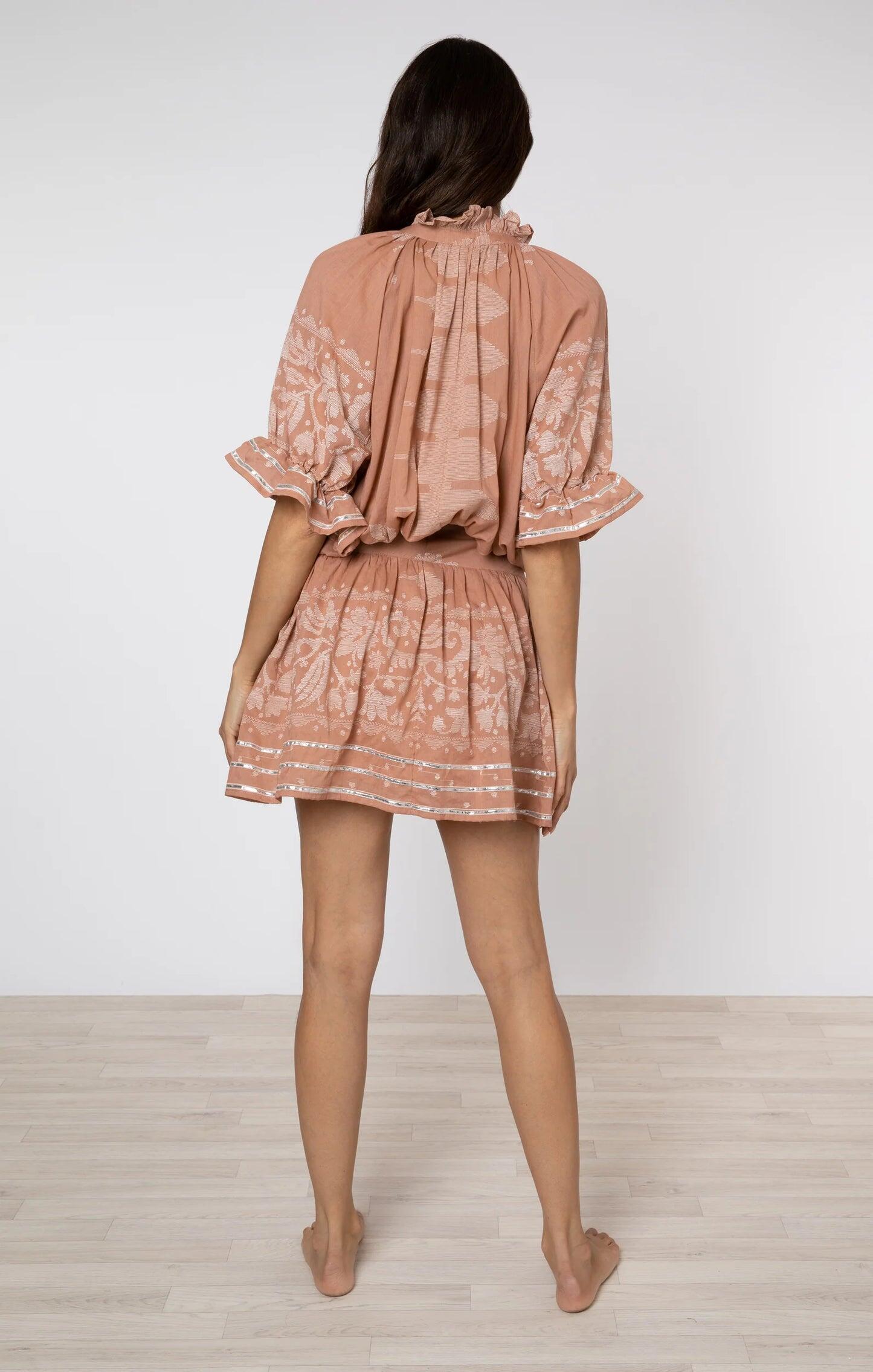 Blouson Dress With Dhaka Print & Silver Trim With Slip - Dress