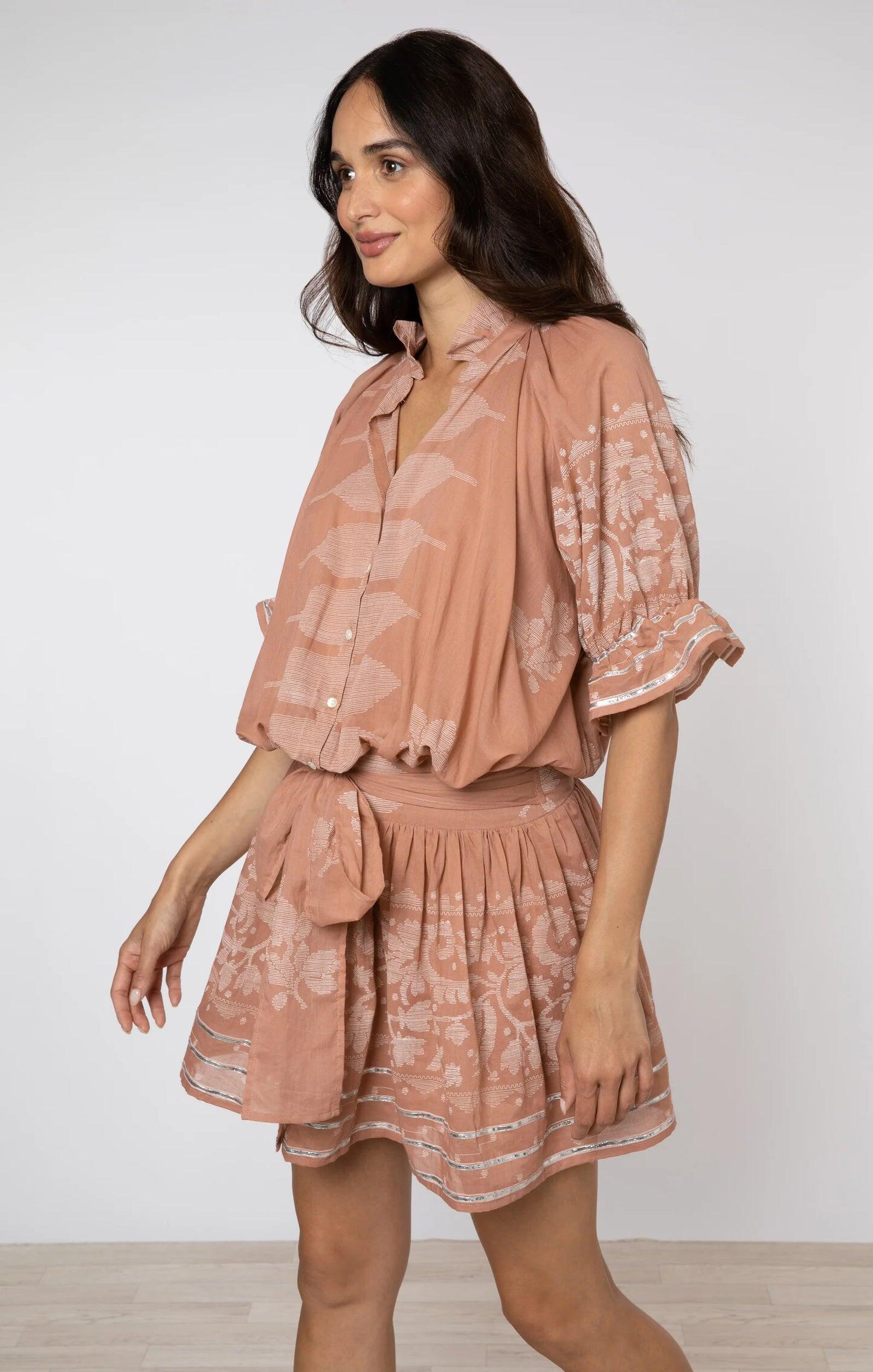 Blouson Dress With Dhaka Print & Silver Trim With Slip - Dress