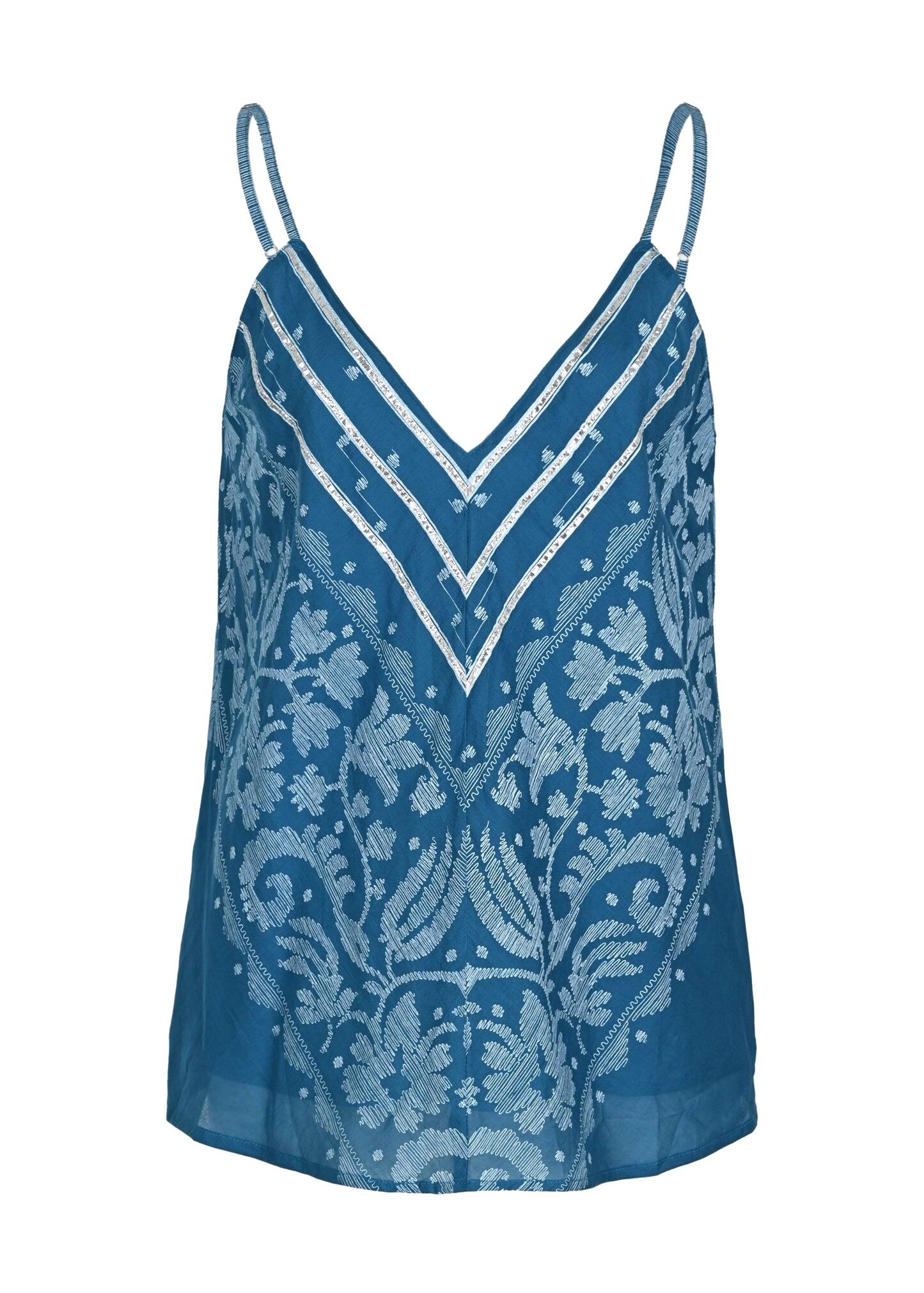 Cami Top With Dhaka Print & Silver Trim Petrol & White