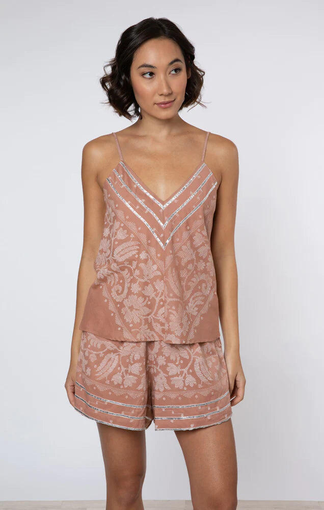 Cami Top With Dhaka Print & Silver Trim Pecan White - Top