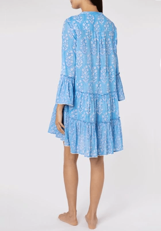 Flared Sleeve Dress In Small Flower Block Print Blue