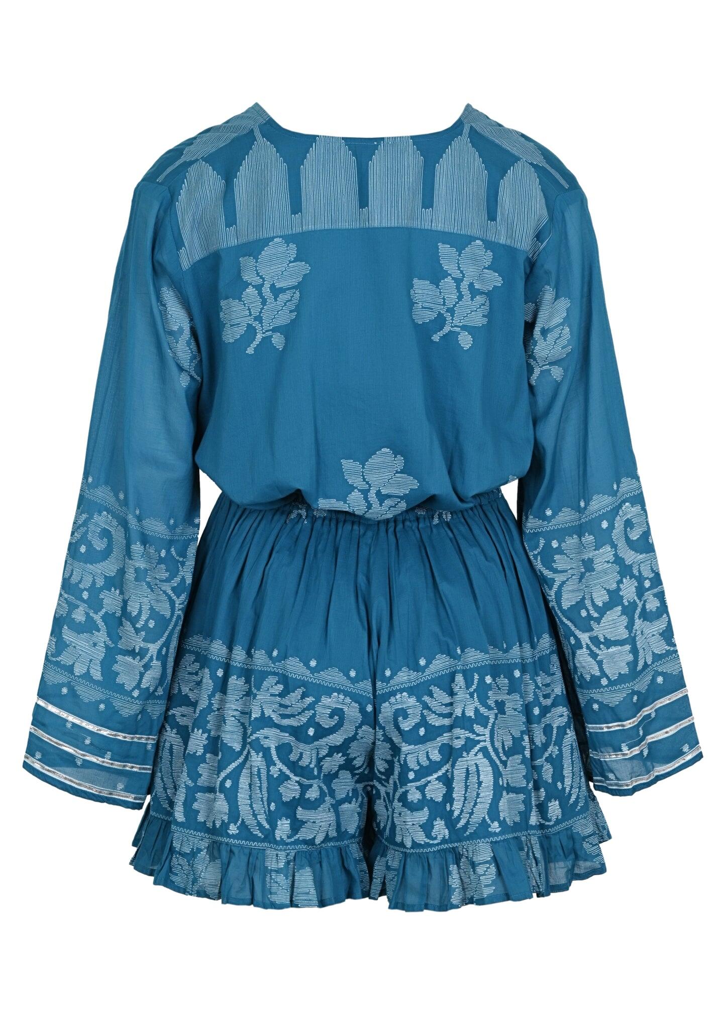Flared Sleeve Playsuit With Dhaka Print Petrol & White