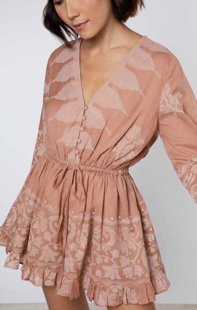 Flared Sleeve Playsuit With Dhaka Print Pecan & White - Playsuit