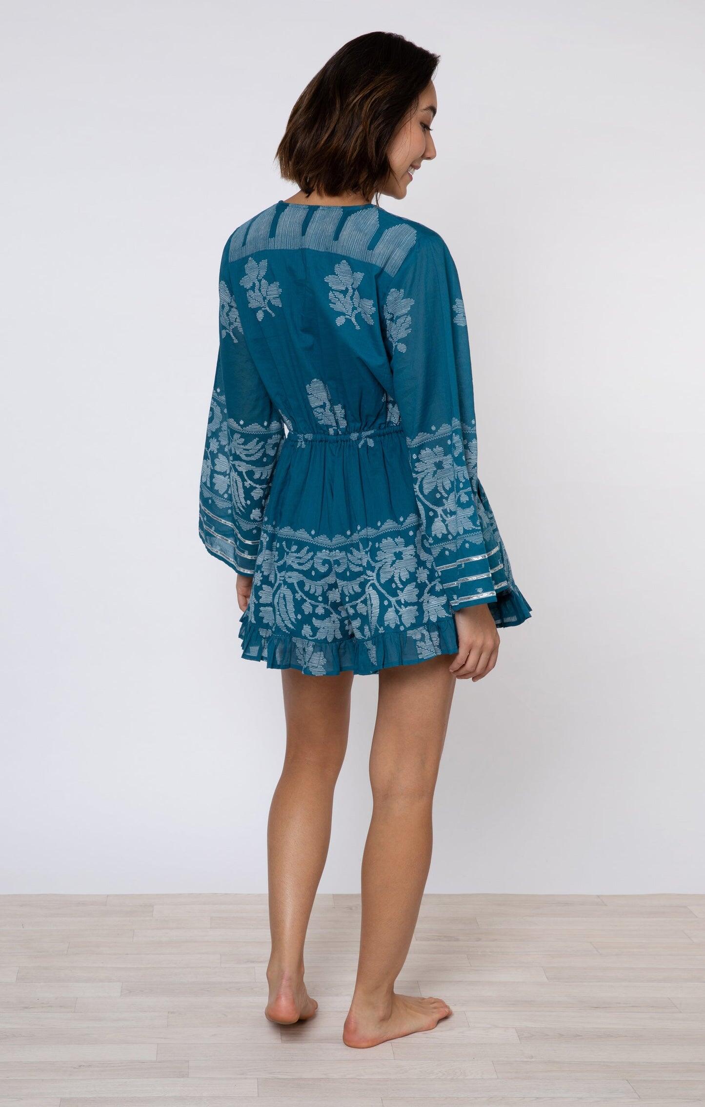 Flared Sleeve Playsuit With Dhaka Print Petrol & White - Playsuit