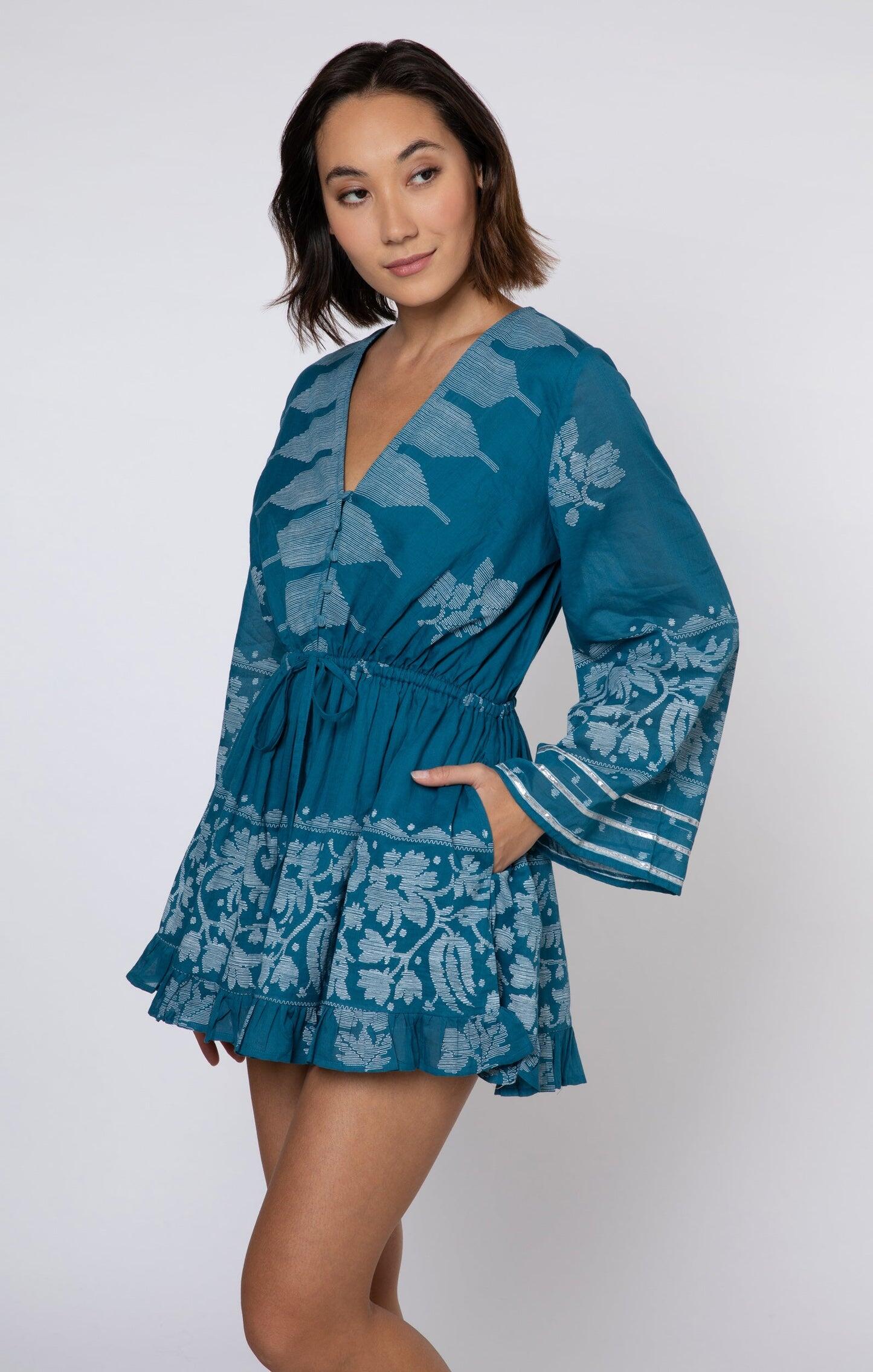 Flared Sleeve Playsuit With Dhaka Print Petrol & White - Playsuit