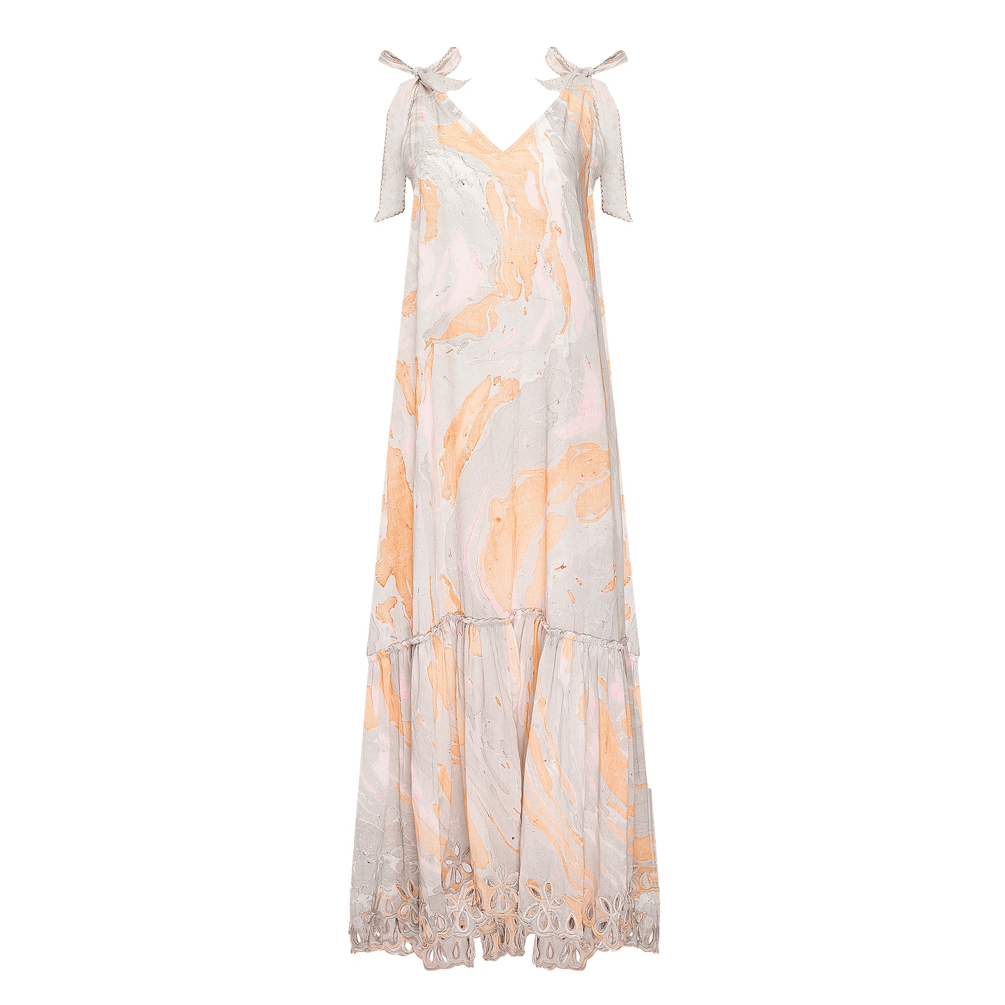 Marble Print V-Front maxi Dress w/Cut out Embro Blue/Peach - O/S - Dress