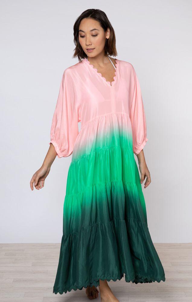 Ombre Dyed V-Neck Loose Maxi Dress With Ric Rac Trim Green - Dress