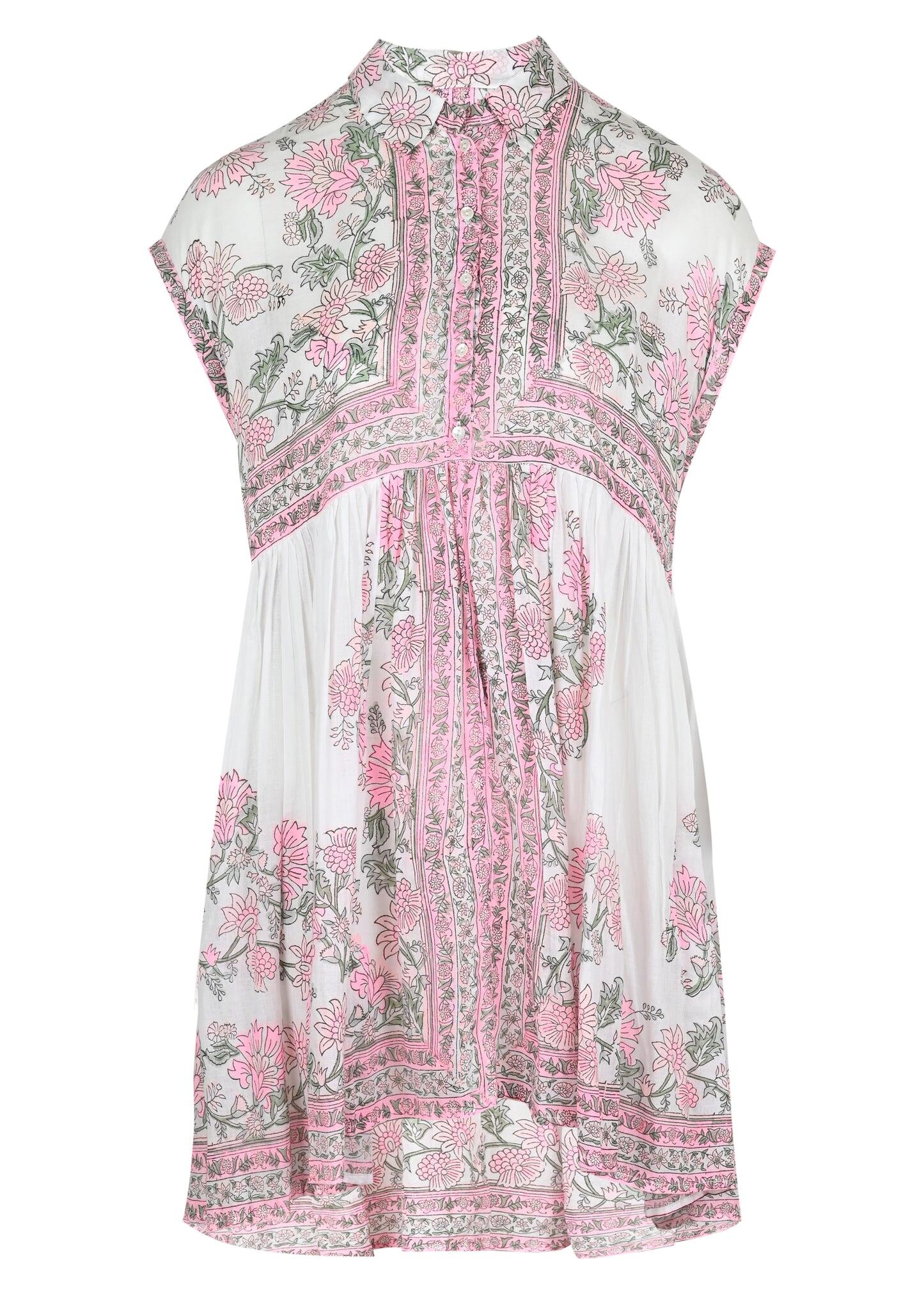 Poncho Shirt Dress Rose Border Block Print With Slip White/Lipstick