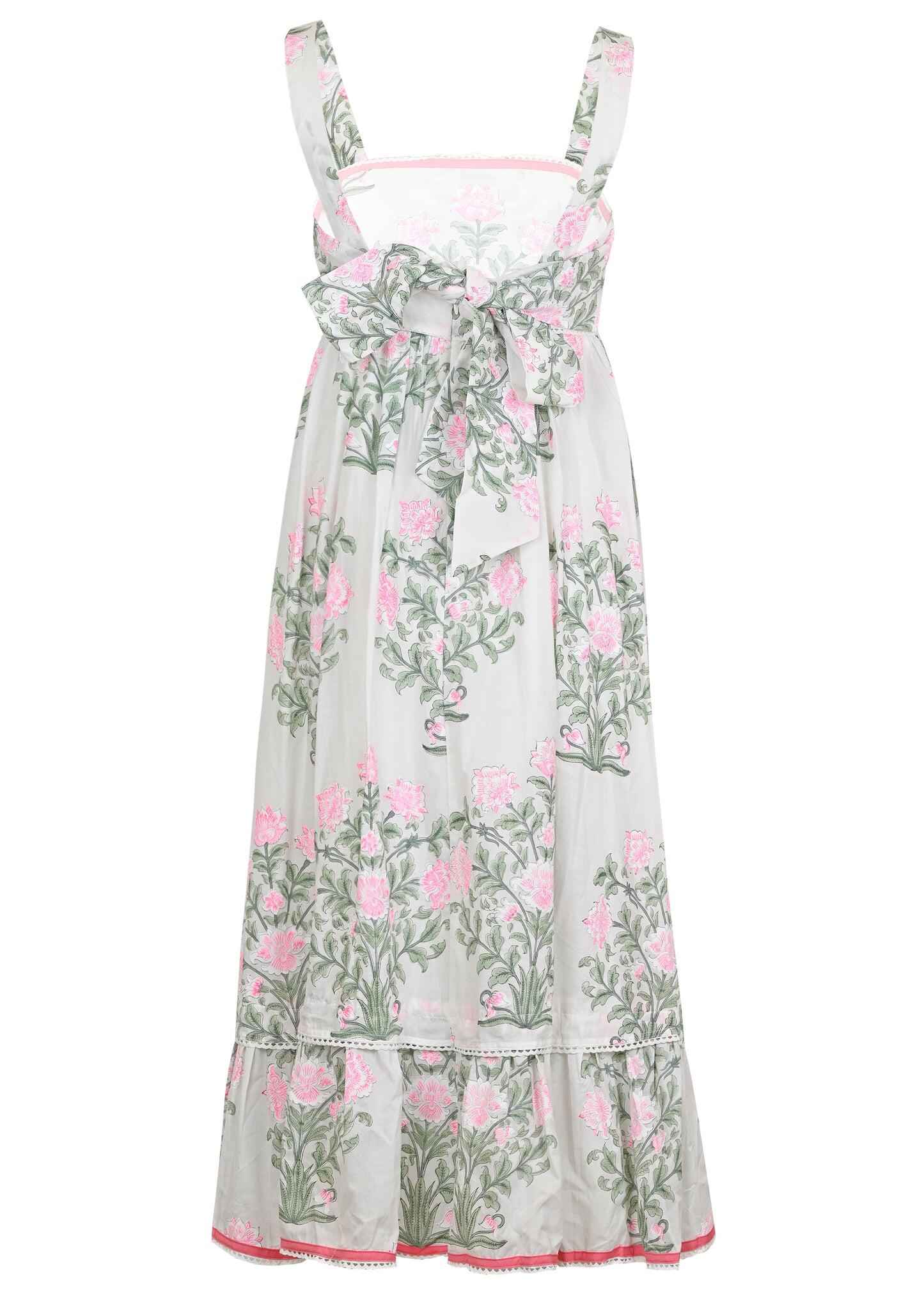 Sash Bow Back Midi Dress In Japanese Flower Print White/Coral/Sage