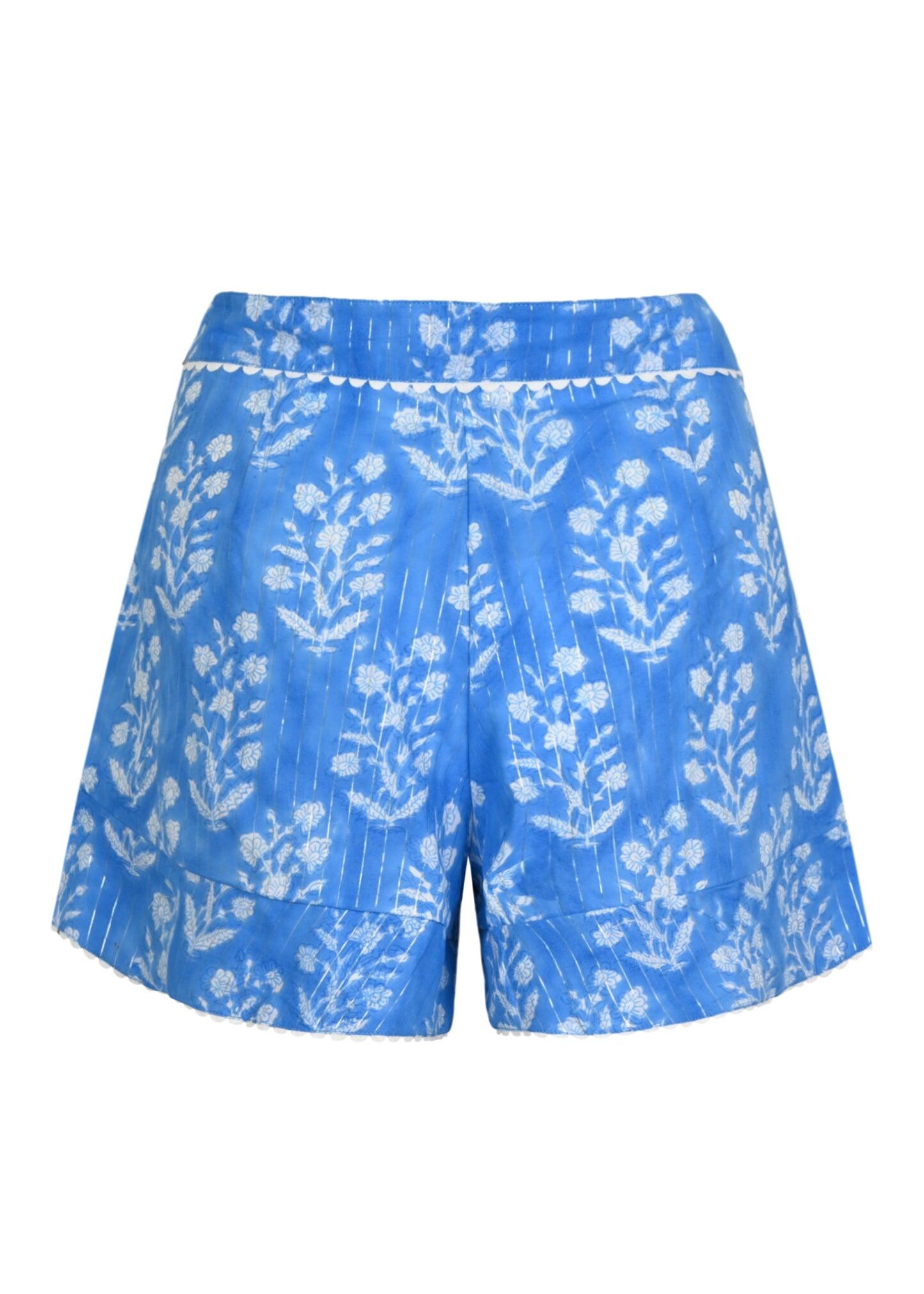 Small Flower Print High Waisted Shorts W/Lurex L Sapphire/Silver
