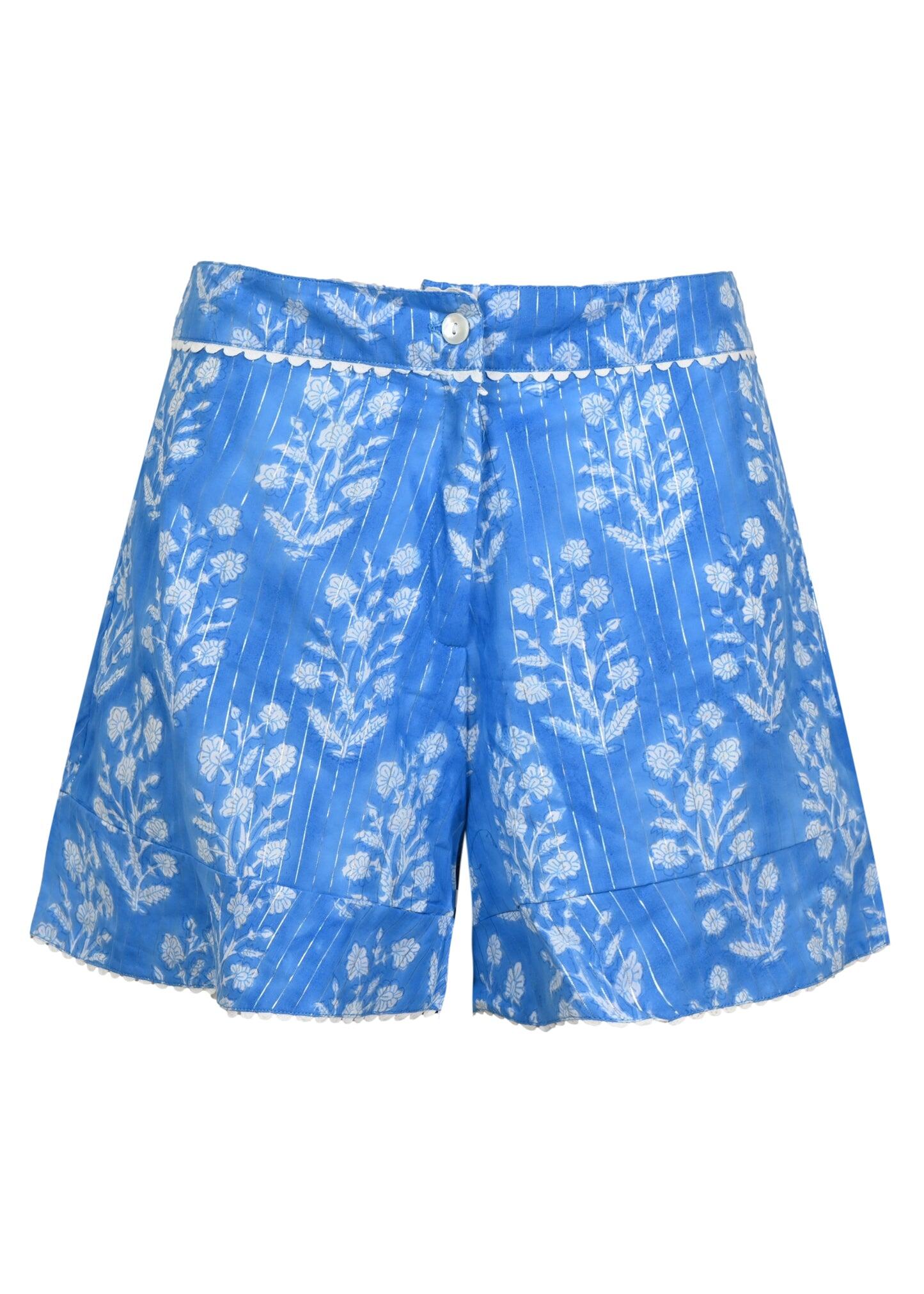 Small Flower Print High Waisted Shorts W/Lurex L Sapphire/Silver
