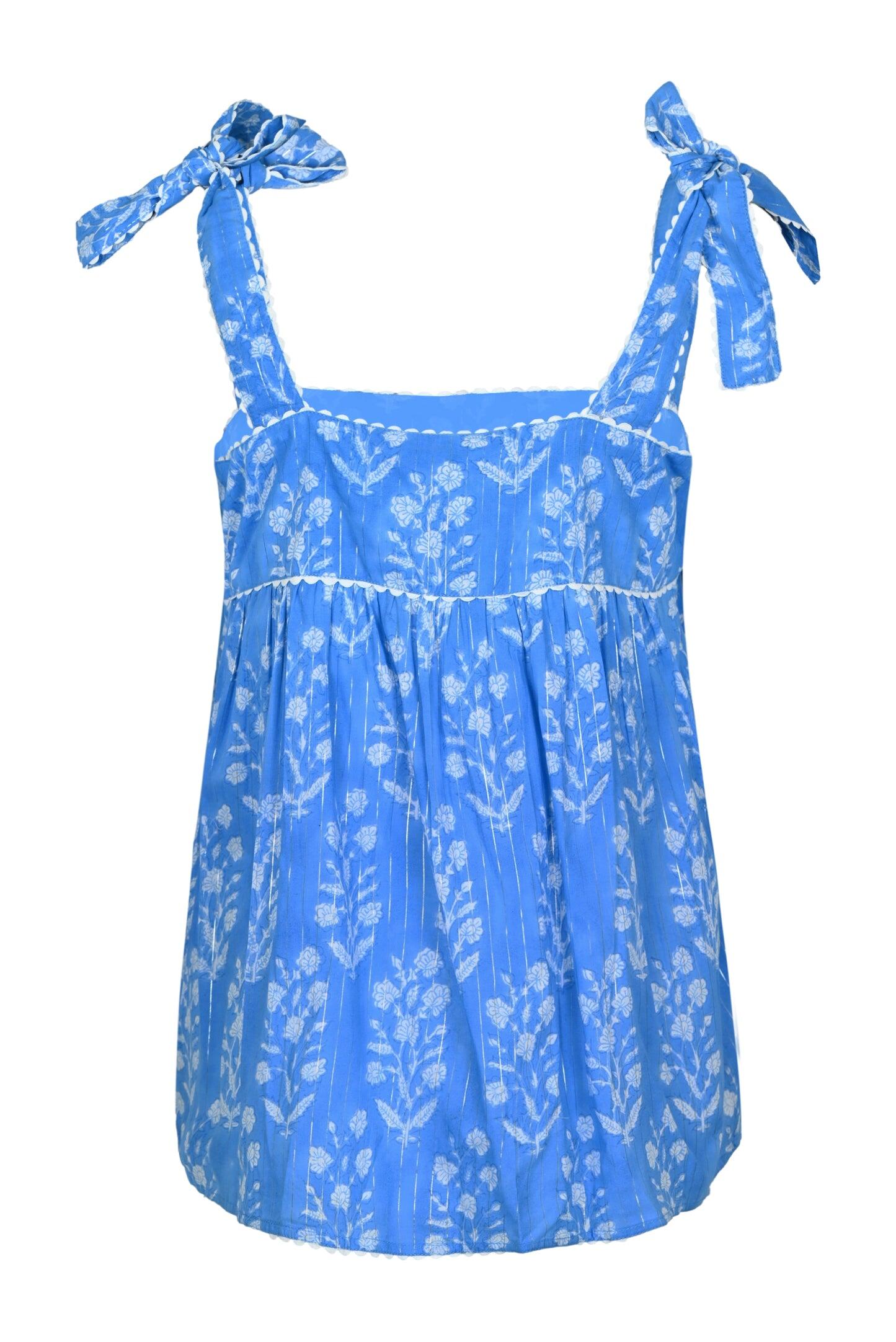Small Flower Print Tie Shoulder Top W/Lurex L Sapphire/Silver
